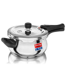 Stainless steel pressure cooker with black handles on a white background, featuring the Prestige brand.