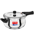 Pressure cooker with black handles and lid knob on a white background, featuring the Prestige brand.