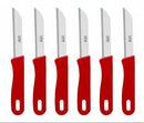 Six knives with red handles and silver blades on a white background