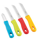 Three colorful knives and peeler with different handles on a white background