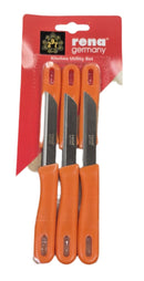 Six orange knives in packaging with 'Rena Germany' branding on a gray background