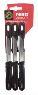 Six knives in packaging with 'rena Germany' branding on a gray background