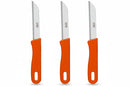 Three knives with orange handles and silver blades on a white background