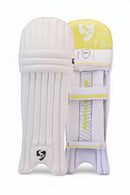 A pair of cricket pads shown against a light gray background, displaying both the front protective plate and the inner side with straps and branding.