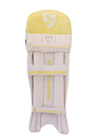 A single piece of dark gray shin and thigh protective padding with gold and black branding details.