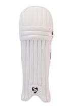 A single white cricket leg guard with vertical padding channels and black brand logos.