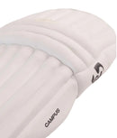 Close-up of a white padded leg pad with vertical baffles and black printed branding including the word CAMPUS and a stylized logo.