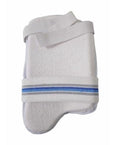 A white fabric thigh support or cast with elastic straps and two horizontal blue stripes, shown on a plain white background.