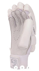 A white cricket batting glove shown from the back, featuring a textured perforated grip panel on the fingers and a padded white back with a white brand patch near the wrist.