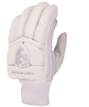A single white cricket glove shown from the back, featuring white padded finger sections, a textured gray finger, and a silver shield logo with the brand name Test White.