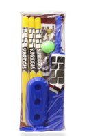 A junior cricket set containing a plastic bat, three plastic stumps, a plastic base, two plastic bails, and a green cricket ball, all packaged in a clear plastic bag.