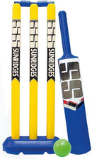 A plastic cricket set including one bat, three wickets, one wicket base, two bails, and one plastic ball, primarily in blue, yellow, and green colors.