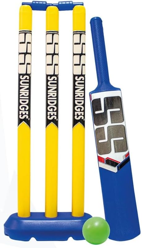 A plastic cricket set including one bat, three wickets, one wicket base, two bails, and one plastic ball, primarily in blue, yellow, and green colors.