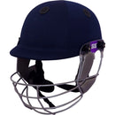 Navy blue cricket helmet with a face guard on a white background