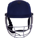 Navy blue cricket helmet with a metal cage on a white background