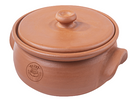 A small brown clay pot with a lid, branded by Tabakh.
