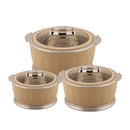Set of three beige pet bowls with silver rims on a white background