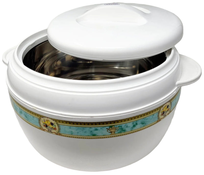 White ceramic pot with decorative band and white lid on a light gray background