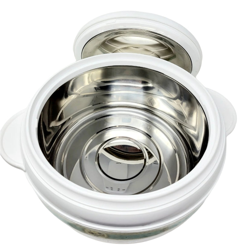 Stainless steel pot with white exterior on a light gray background