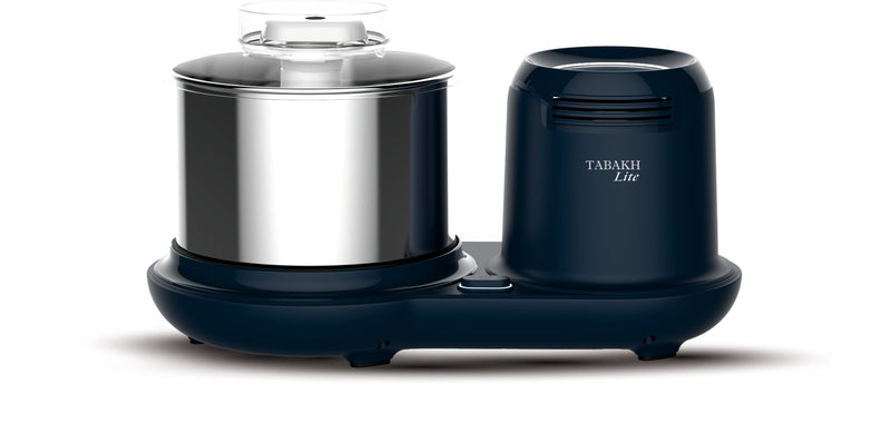 A navy blue Tabakh Lite stone wet grinder with a stainless steel drum and a coconut scraper, on a white background.