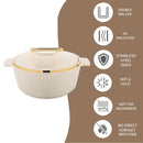 Beige pot with gold rim on a white background with features listed on the right.