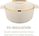Cream-colored pot with gold rim and handles on a white background