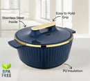 Blue pot with gold lid and features labeled on a light background