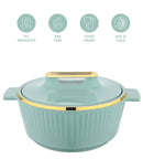 green pot with gold rim on a white background, featuring icons for insulation, BPA-free, food-grade, and heat resistance.
