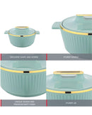 Set of green cookware with gold accents on a white background