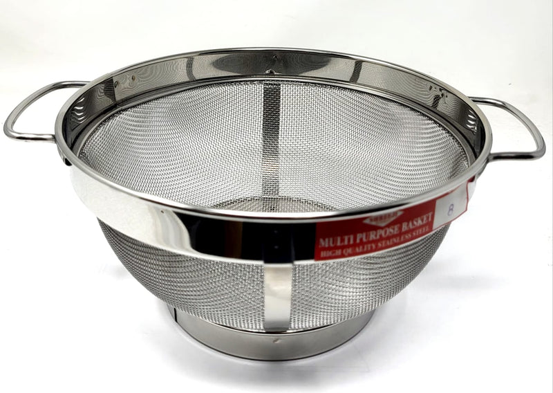 A stainless steel multipurpose kitchen basket with a handle and a lid, designed for washing fruits and vegetables.