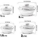 cookware set with measurements on a white background