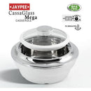 Stainless steel casserole with lid on a white background