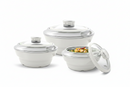 Set of white food containers with lids on a white background