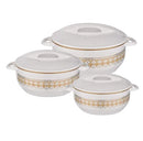 Set of three white cookware containers with gold lace patterns on a white background