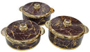 Set of three marbled-patterned containers with gold accents on a white background