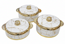 Set of three pots with marble pattern and gold accents on a white background