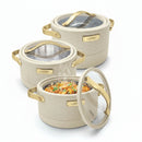 TABAKH Luxura Klass Inner Stainless Steel Serving Casserole Set of 3 Elegance Unique Design PU Insulated 100% Food Grade with Lockable Lid, Chrome Plated Handle Hot Case | 1500, 2000, 2500 ml