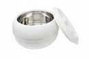 White container with a silver interior and lid on a white background