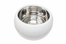 Stainless steel bowl with white exterior on a white background