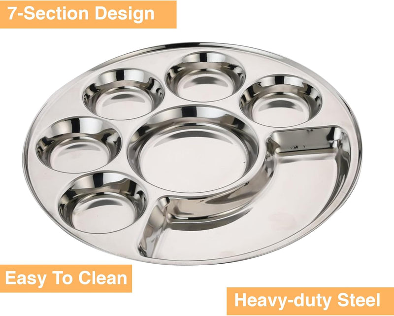 TABAKH Round 7 In 1 Compartment Divided Plate/Thali/Bhojan Thali/Mess Tray/Dinner Plate Set of 1, 37cm