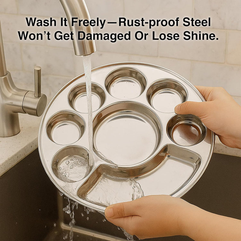 TABAKH Round 7 In 1 Compartment Divided Plate/Thali/Bhojan Thali/Mess Tray/Dinner Plate Set of 1, 37cm