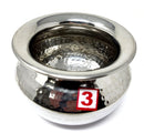 A stainless steel punjabi style handi with a lid, featuring a pattern of small circles on the surface and a red number 3 on the side.
