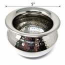 Silver metal bowl with textured interior and dimensions indicated on a white background