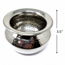 Silver metallic bowl with textured surface and dimensions indicated on a white background