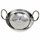 A silver hammered metal kadhai pan with two loop handles, shown from a top-down view on a white background with a 8-inch diameter.