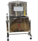 Stainless steel food processor with visible branding on a white background