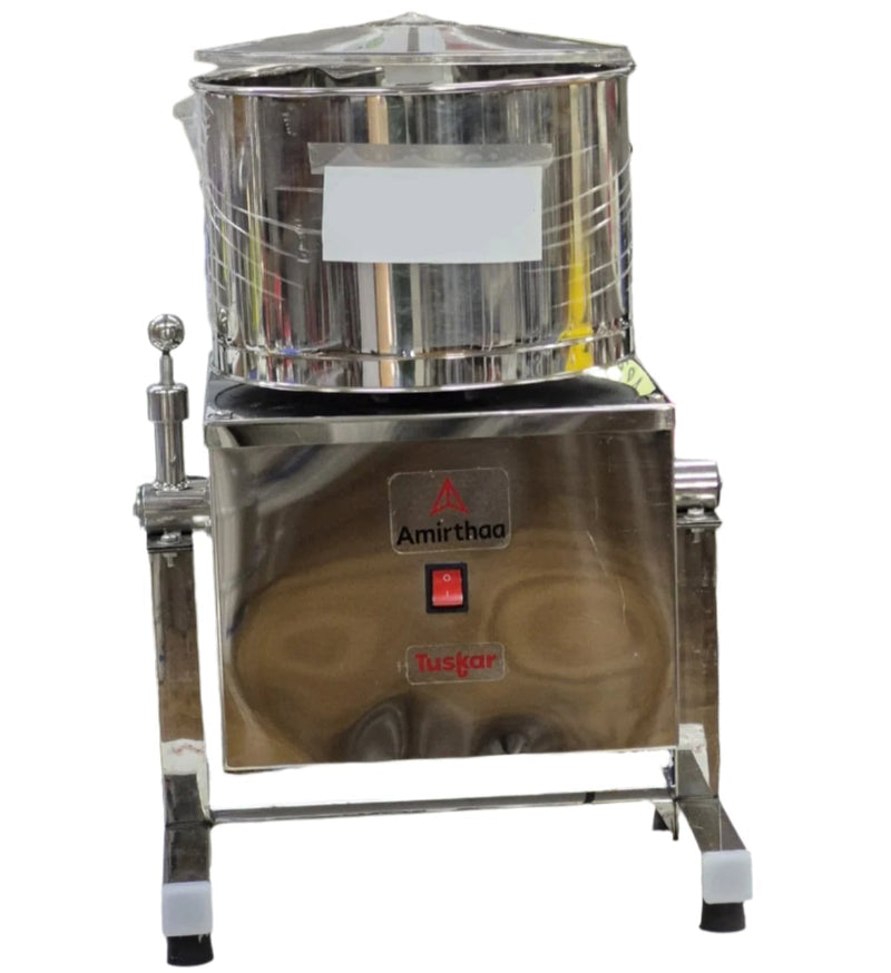 Stainless steel food processor with visible branding on a white background