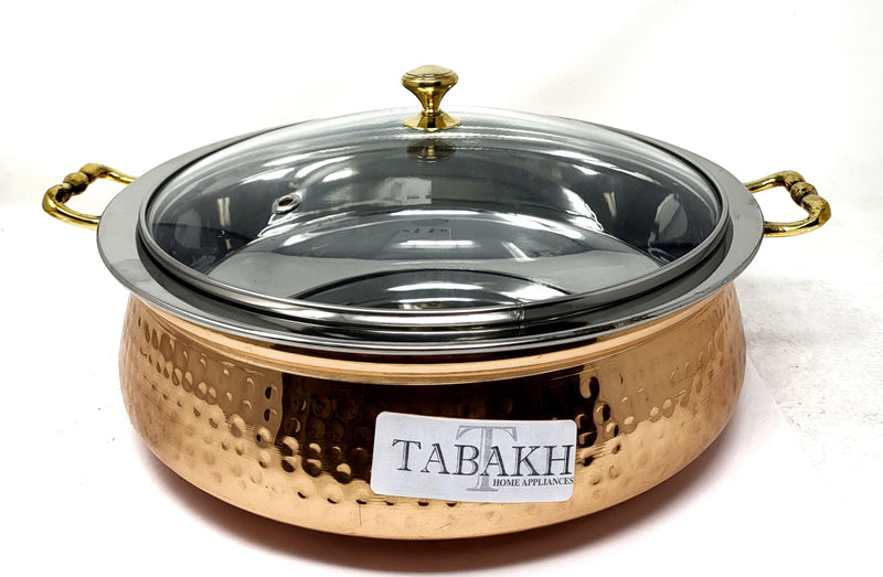 Tabakh Copper Stainless Steel Hammered Finish Handi/Lagan/Pot with Toughened Glass Lid and Brass Knob & Handles - 2500ml