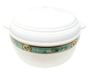 White casserole dish with decorative blue band and gold accents on a white background