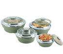 Set of four green food containers with lids on a white background